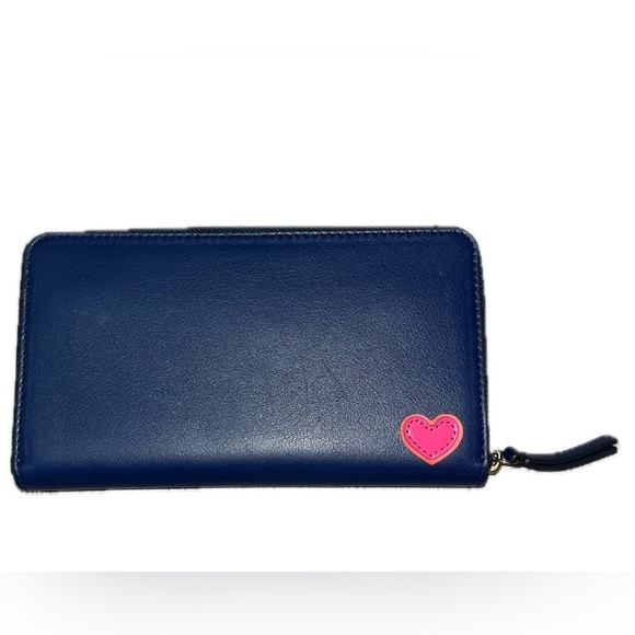 Tory Burch Peace Zip Continental Leather Wallet Navy Sea Retro Love Design - Picture 9 of 12